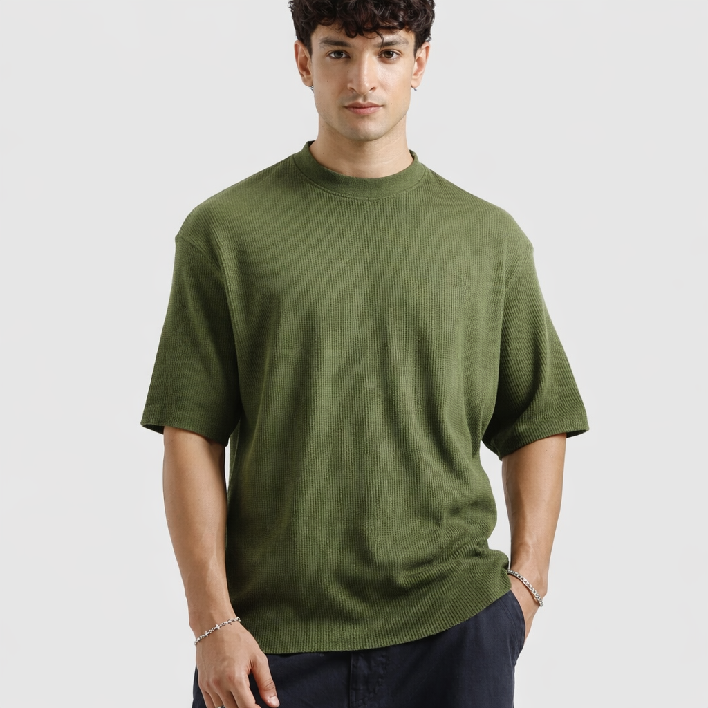 Waffle Textured T-Shirt – Olive Green