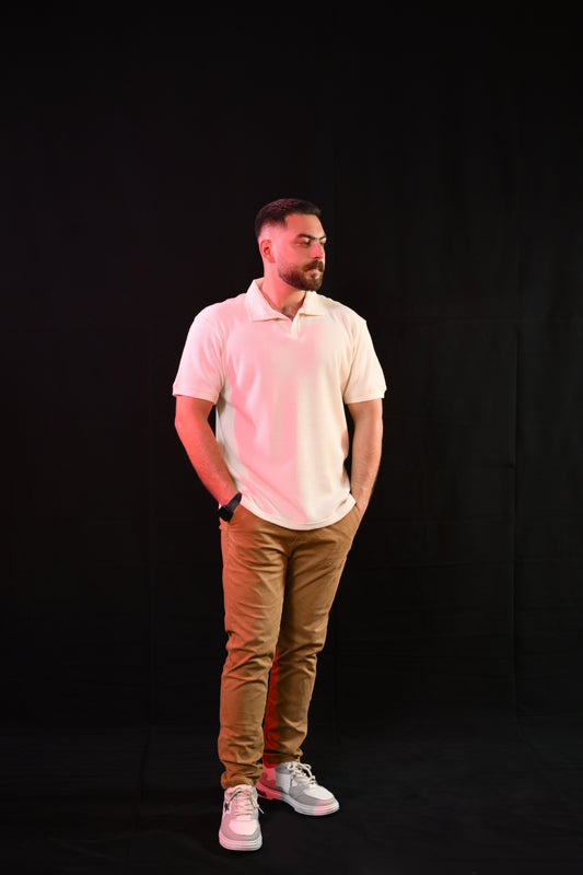 Thermal V-Neck Polo – Creme