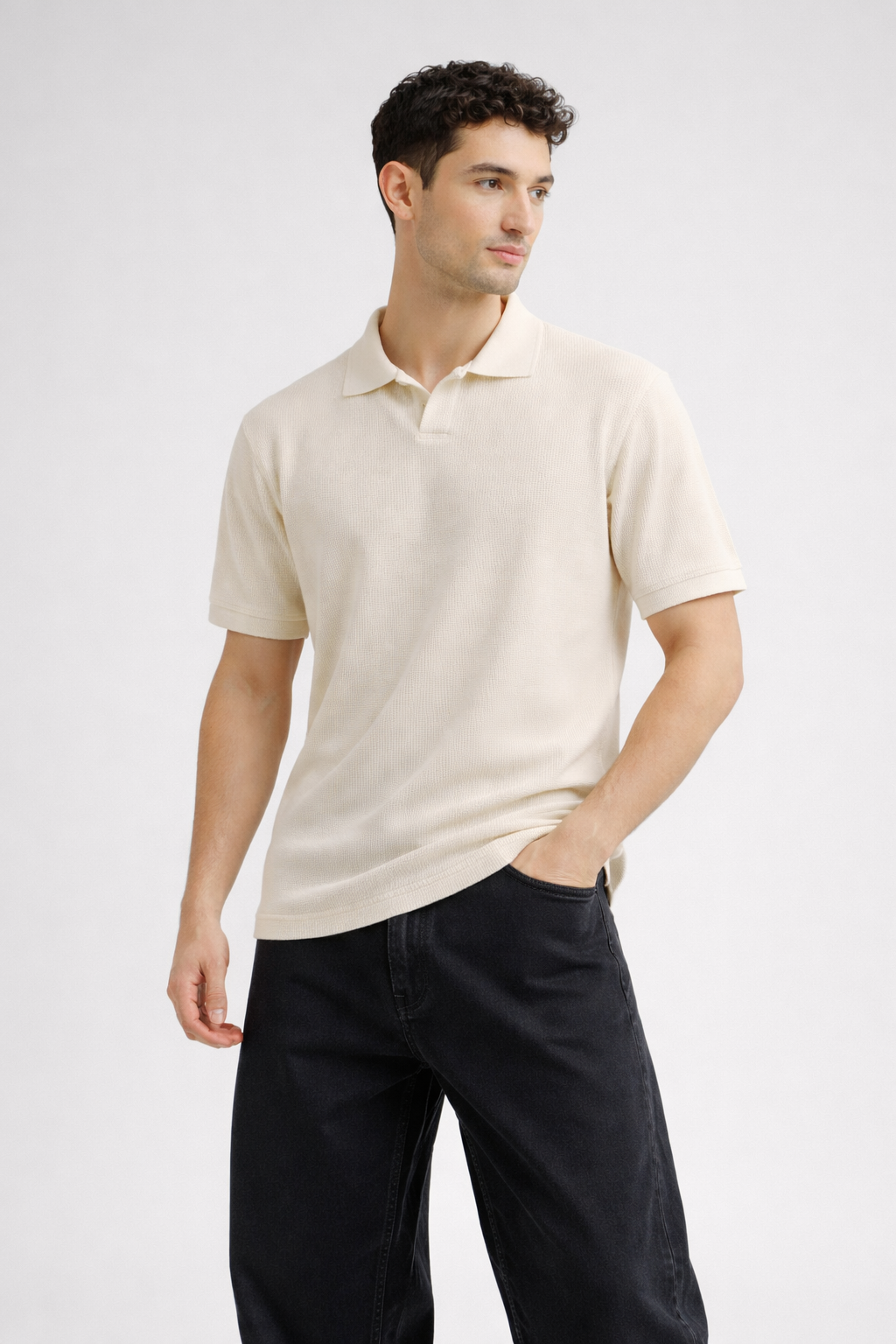 Thermal V-Neck Polo – Creme
