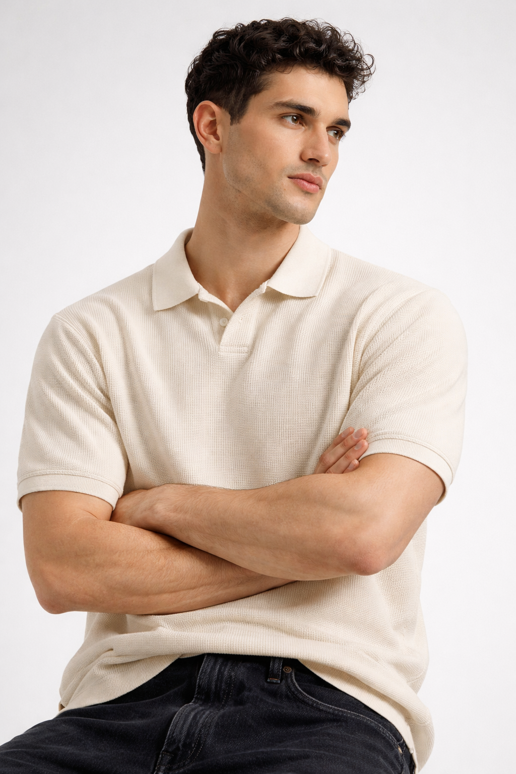 Thermal V-Neck Polo – Creme