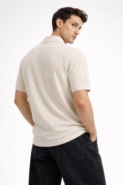 Thermal V-Neck Polo – Creme