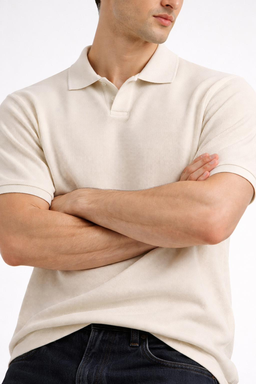 Thermal V-Neck Polo – Creme