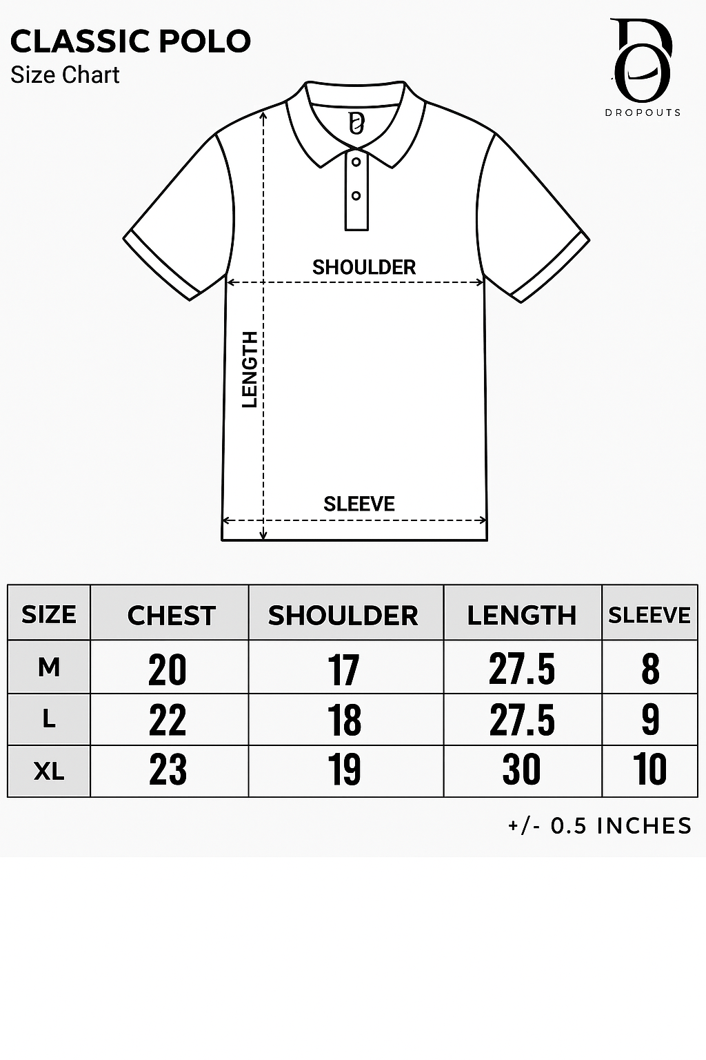 Classic Polo Shirt – Black Size Chart