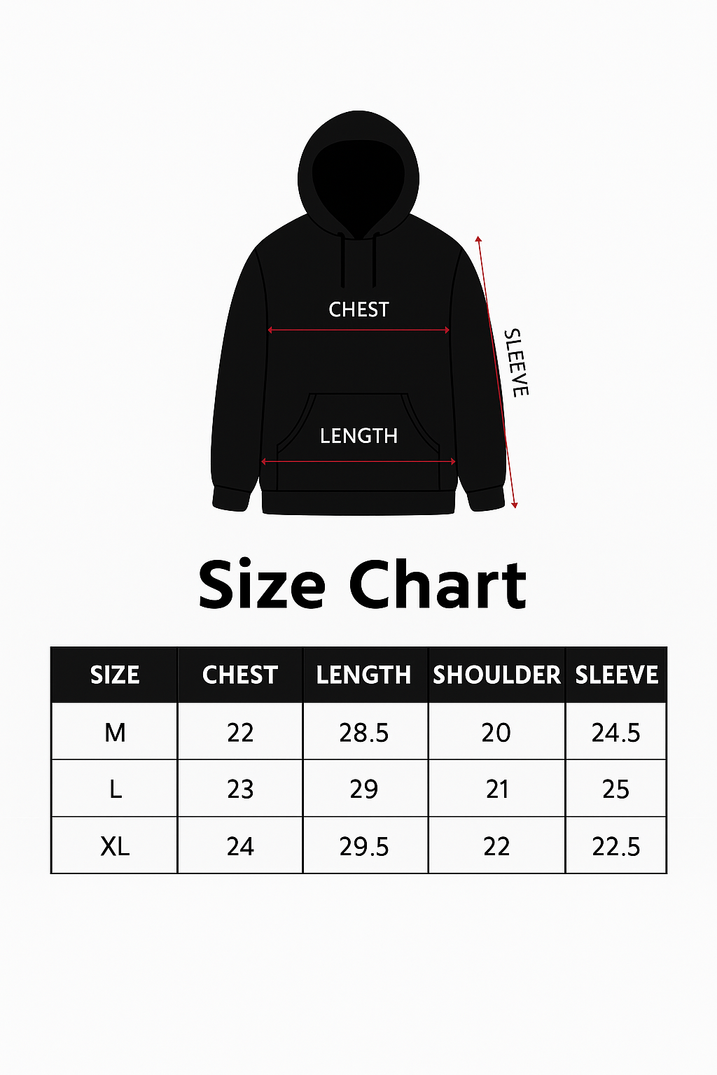 DROPOUTS Black Hoodie Size Chart