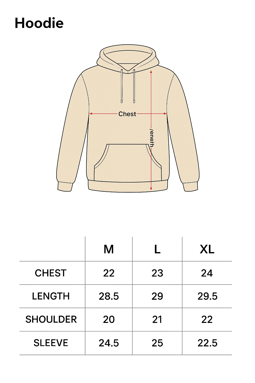 DROPOUTS Beige Hoodie Size Chart