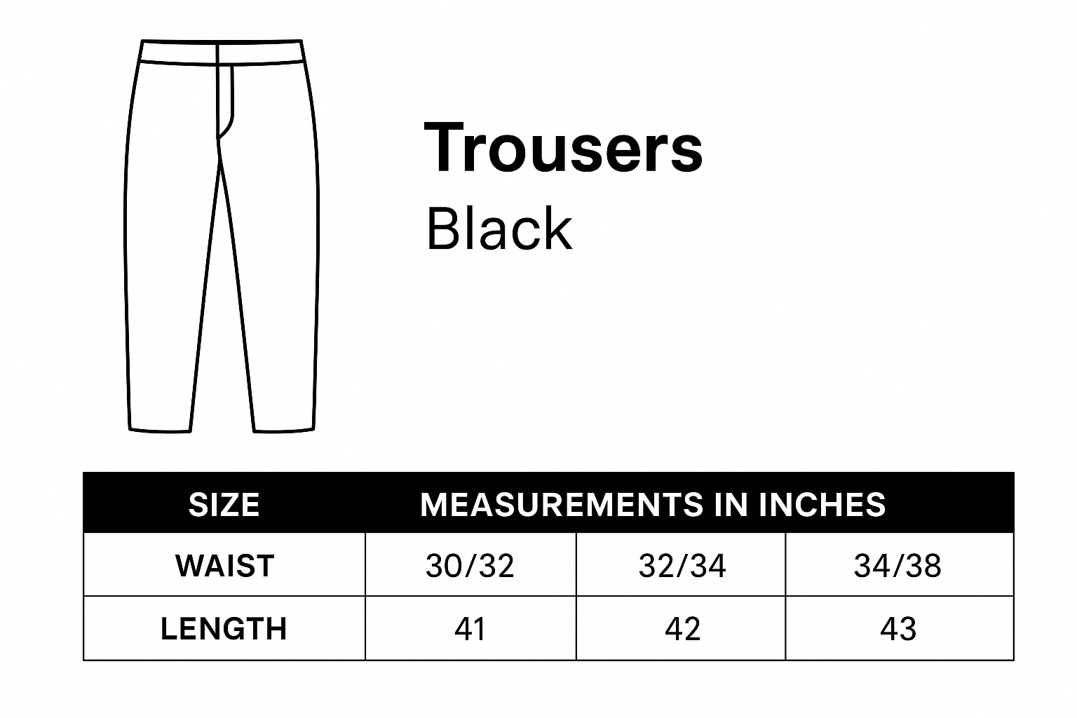 DROPOUTS Black Trouser (Straight Fit) Size Chart