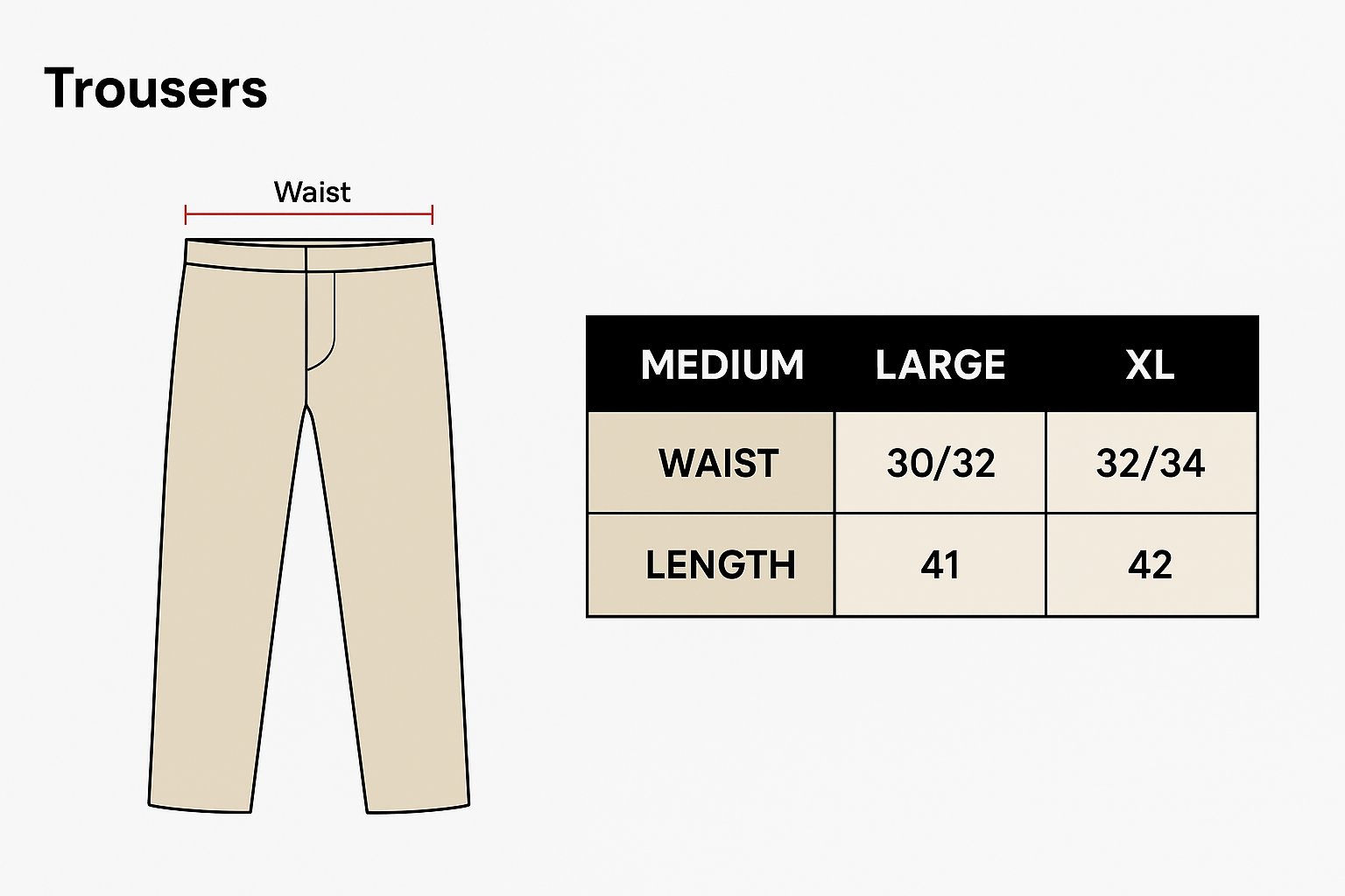 DROPOUTS Beige Trouser (Straight Fit with Lining) Size Chart