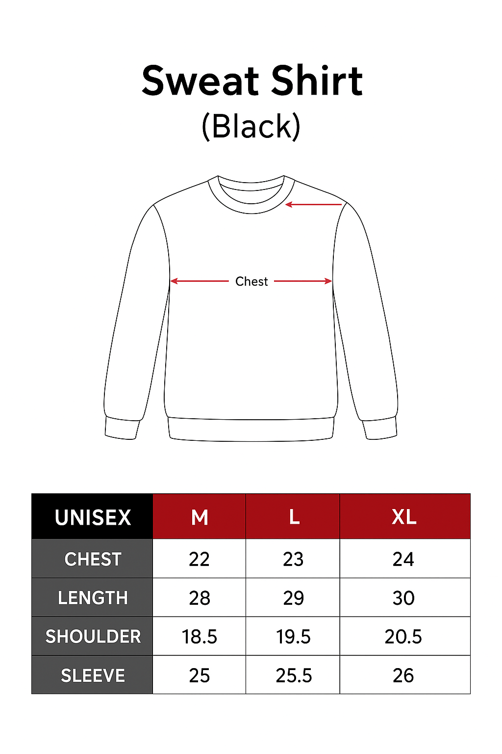 DROPOUTS Black Sweatshirt Size Chart