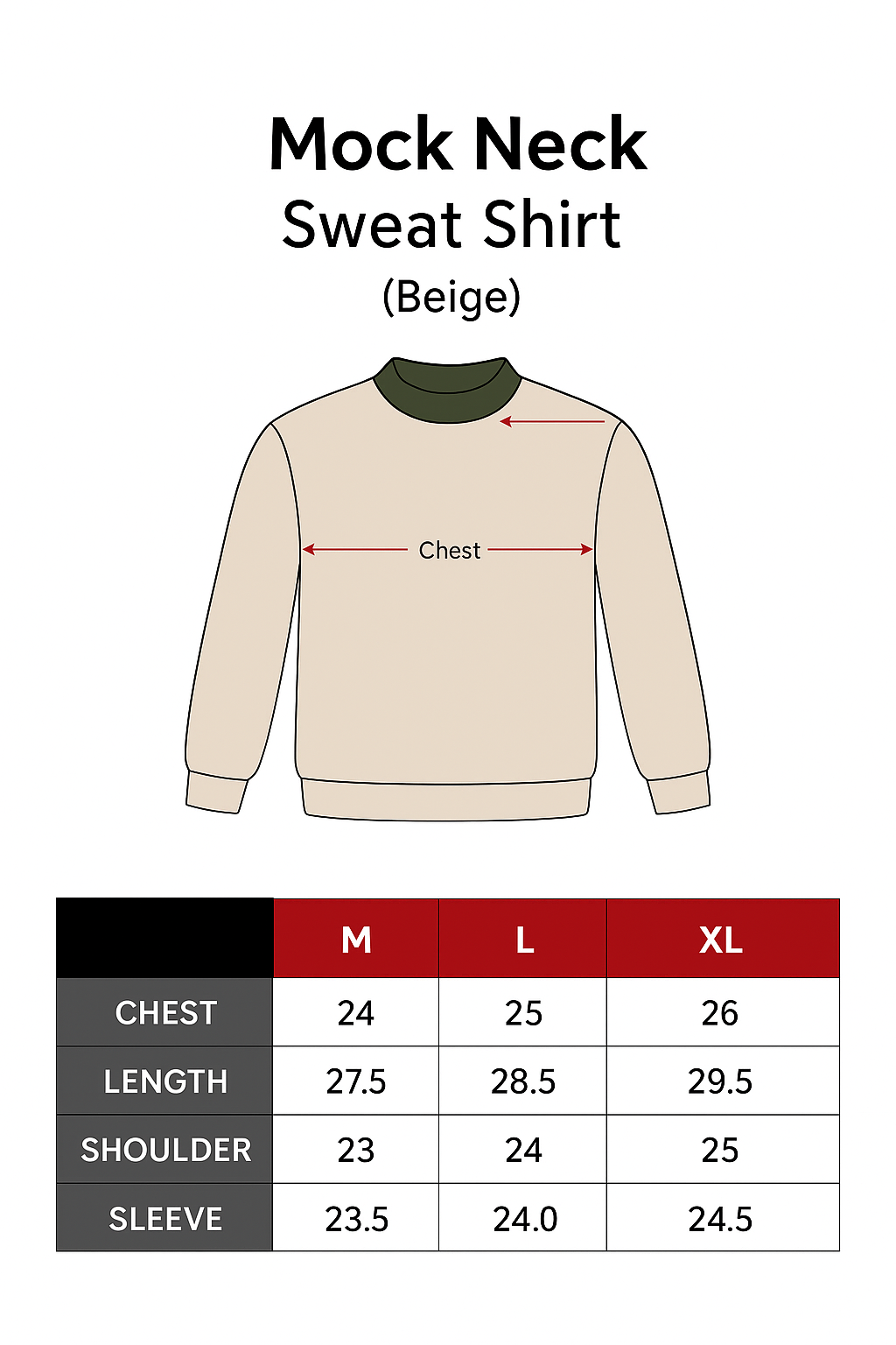 DROPOUTS Mock Neck Sweatshirt Size Chart