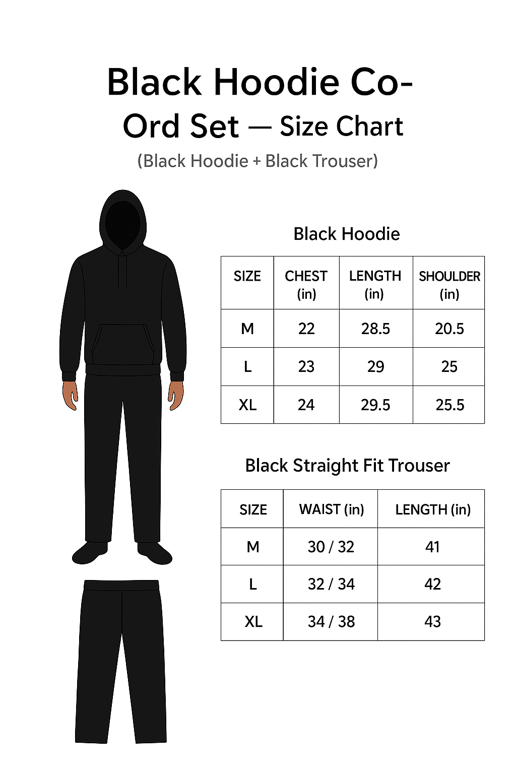 The Black Drop – Hoodie & Straight Fit Trouser (Co-Ord Set) Size Chart