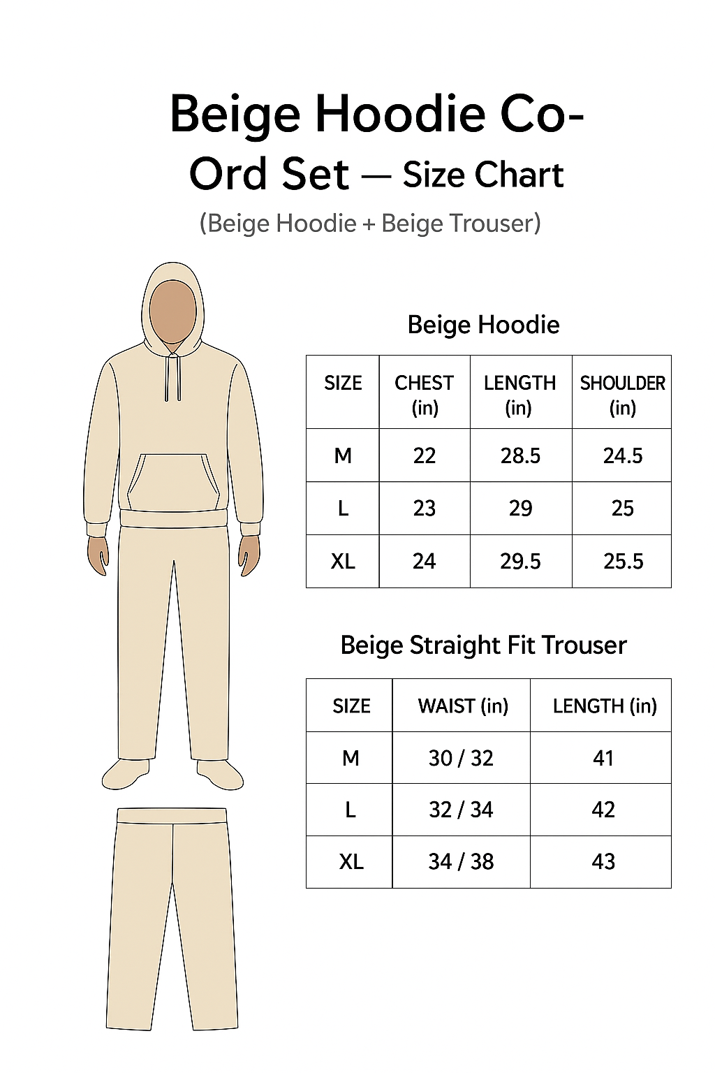 The Beige Drop – Hoodie & Straight Fit Lining Trouser (Co-Ord Set Size Chart